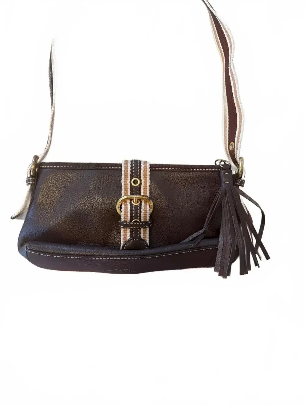 The Sak Brown Leather Shoulder Bag with Striped Strap and Tassel